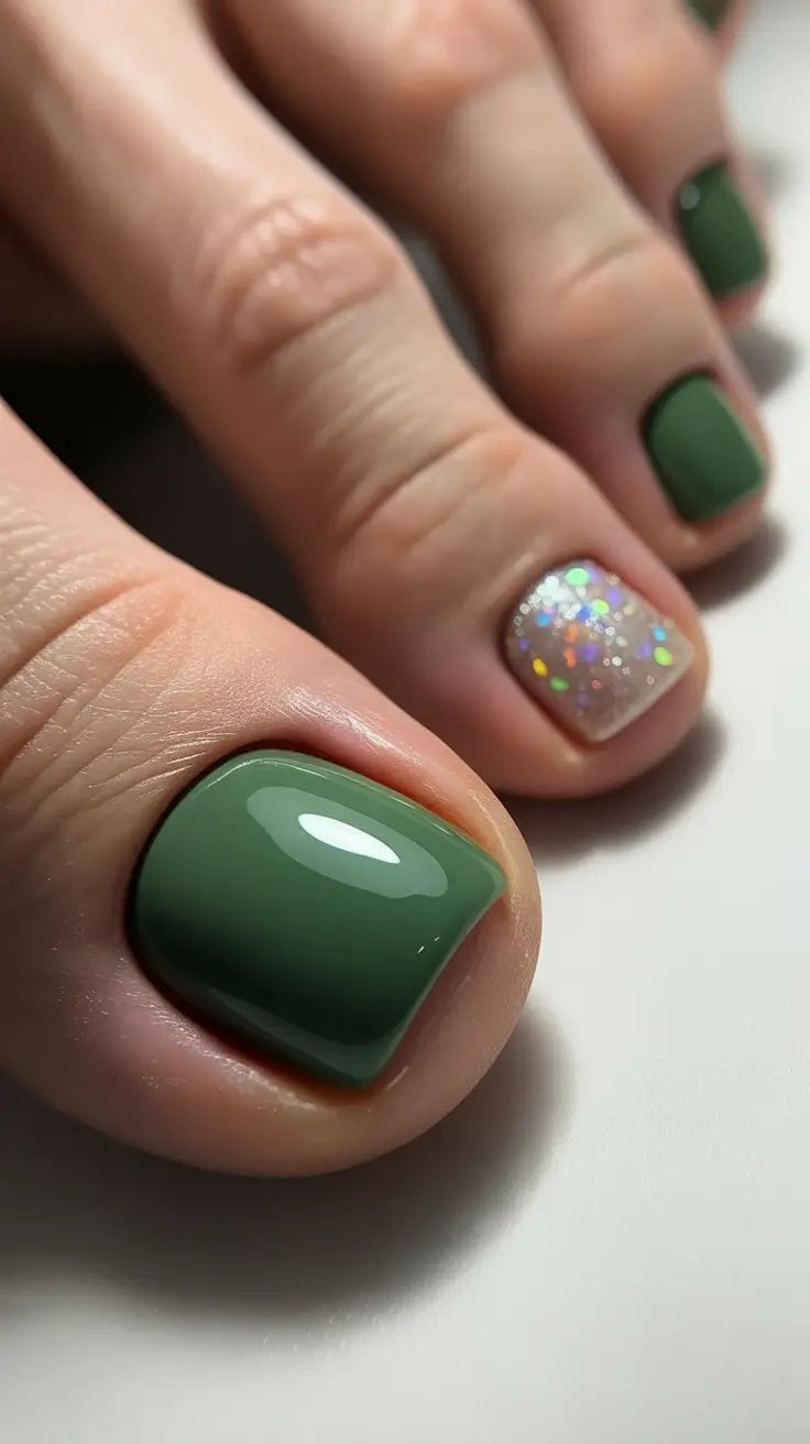 toe nail designs 2026 Forest Green Shine With a Sparkling Accent