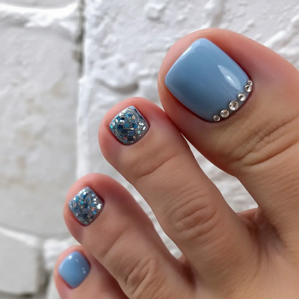 toe nail designs 2026 Ice Blue With Silver Details and Glitter Contrast