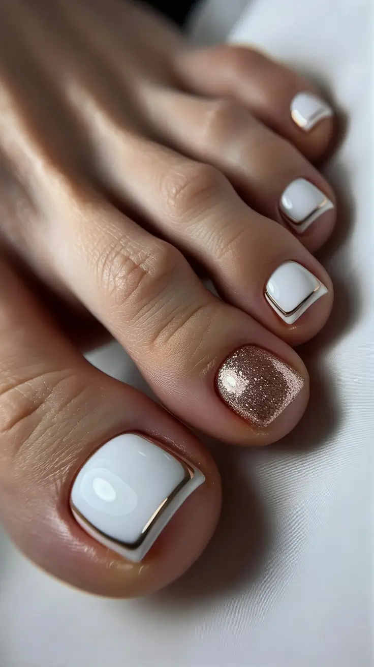 toe nail designs 2026 Modern White Framing With Rose-Gold Sparkle