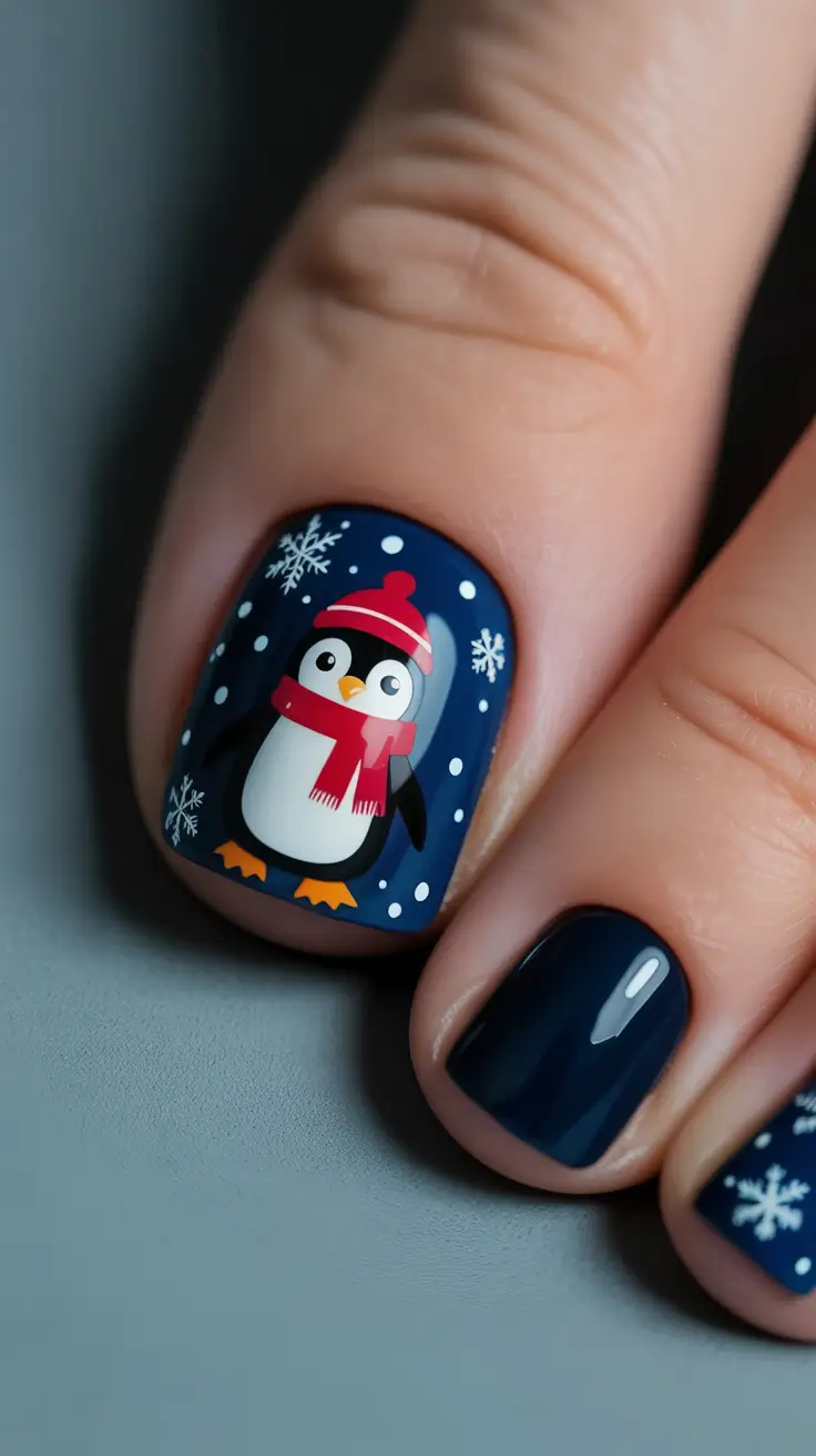 toe nail designs 2026 Playful Penguin On Midnight Blue