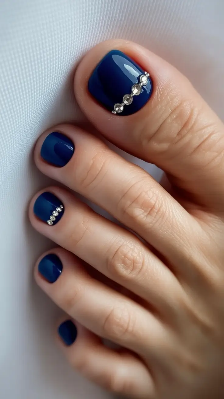 toe nail designs 2026 Midnight Blue Pedicure With Crystal Accents
