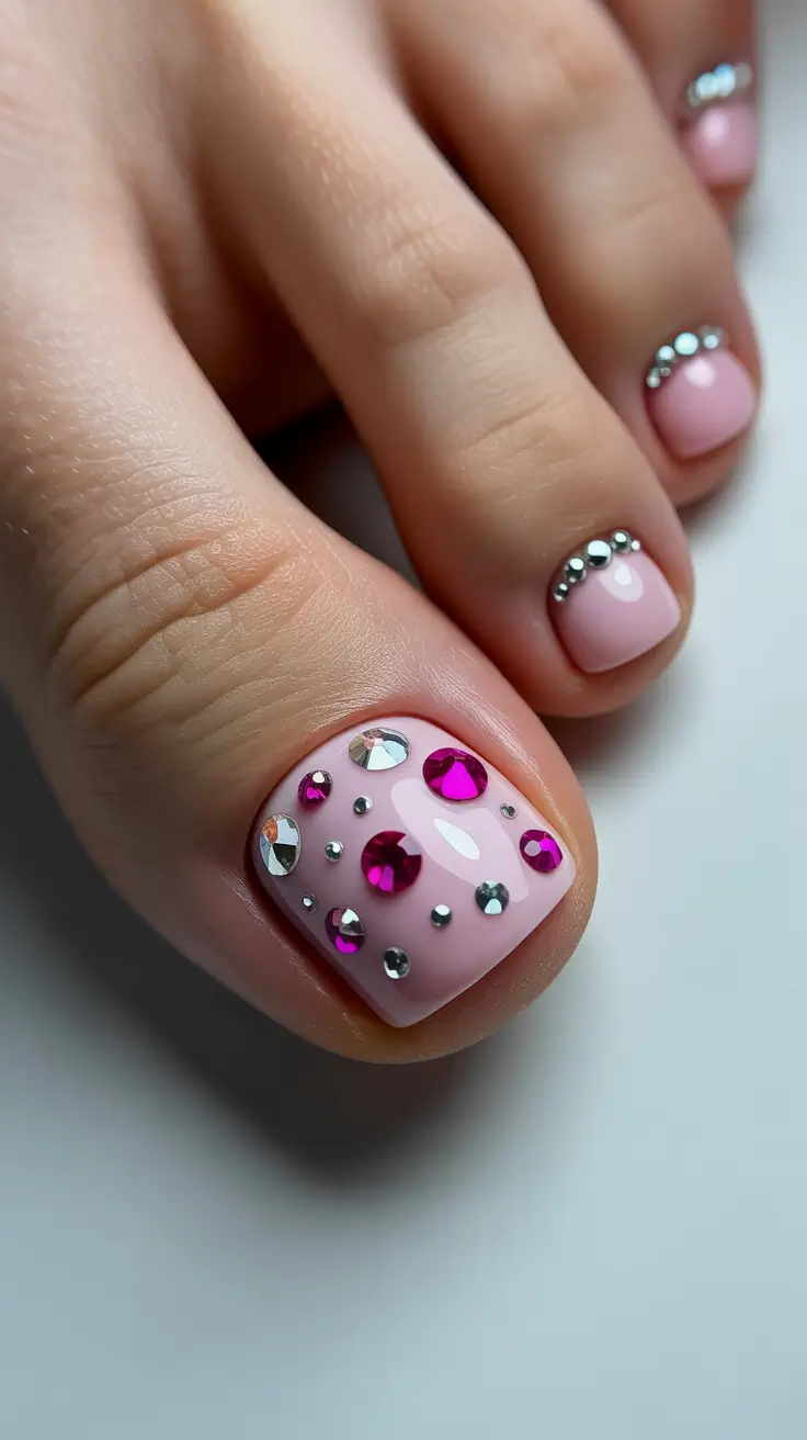 toe nail designs 2026 Pink Crystal Glow With Gemstone Details