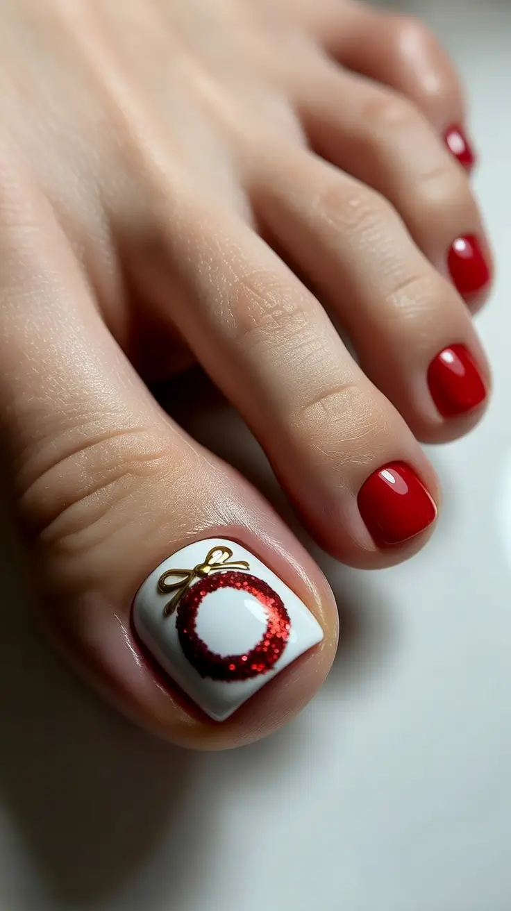 toe nail designs 2026 Classic Holiday Red With a Glitter Wreath Accent
