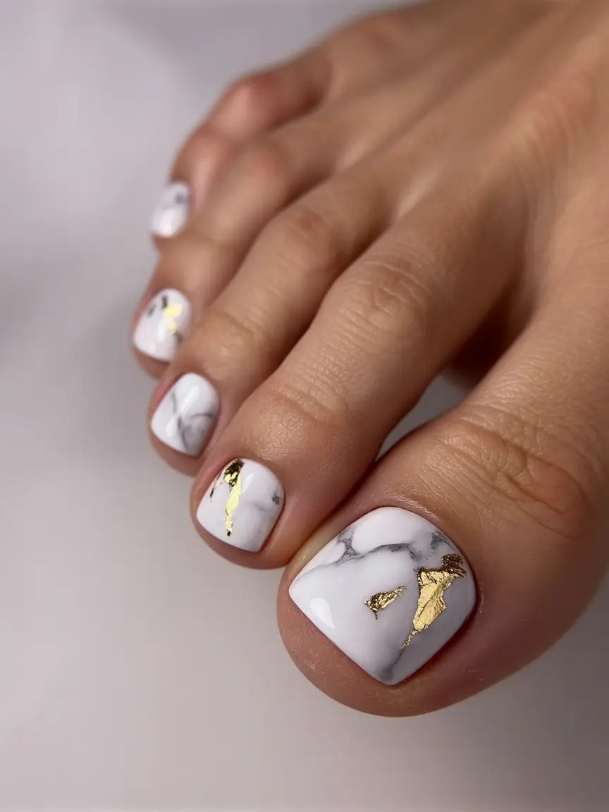 toe nail designs 2026 White Marble Elegance With Gold Foil