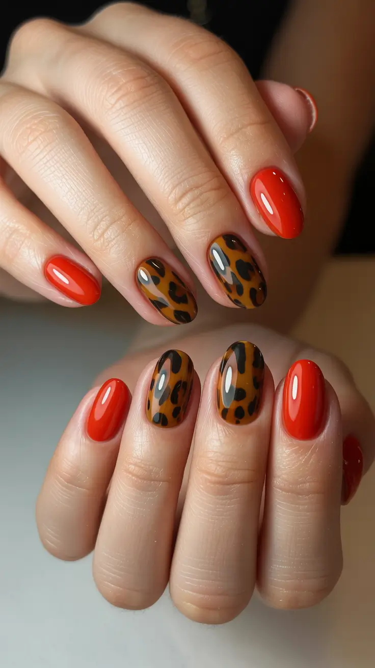 tortoise nails trend 2026 Glossy Red Meets Classic Tortoise Glow
