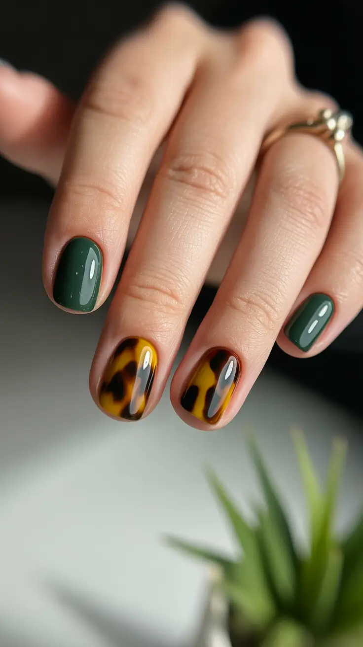 tortoise nails trend 2026 Modern Green and Tortoise Minimalism