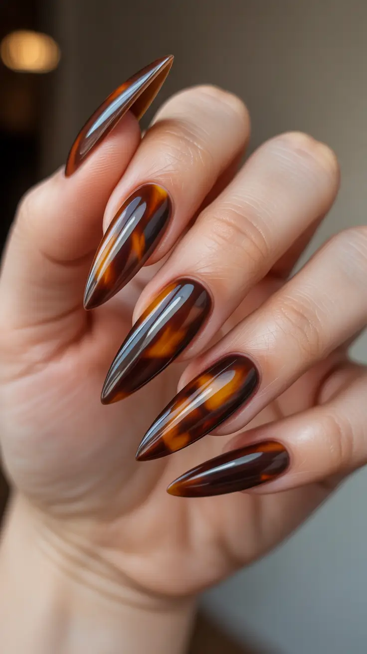 tortoise nails trend 2026 Ultra Gloss Stiletto Tortoise Elegance