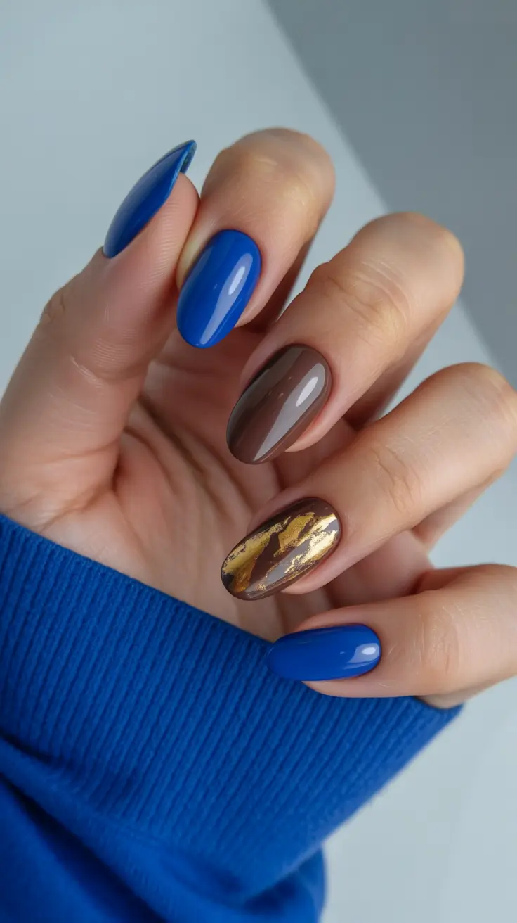 tortoise nails trend 2026 Blue Glow With Gold-Touched Tortoise Accent