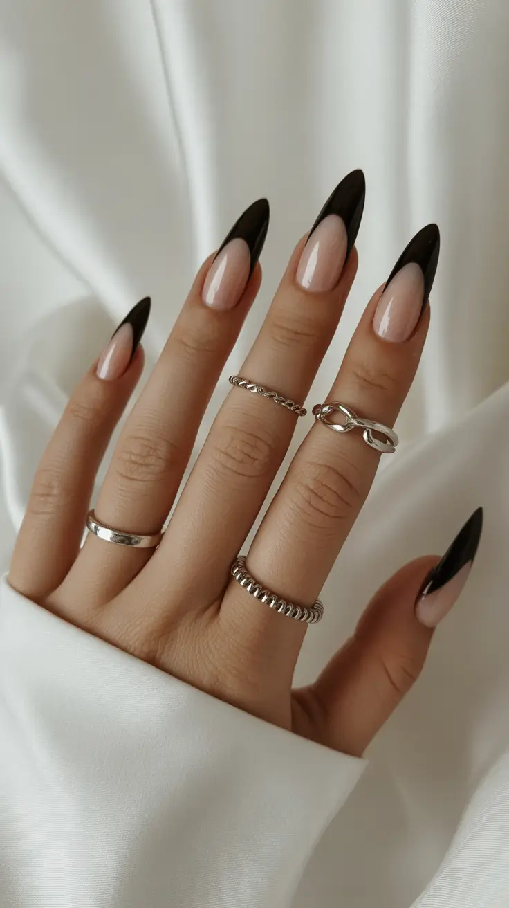 tortoise nails trend 2026 Sharp Black Almond French Drama