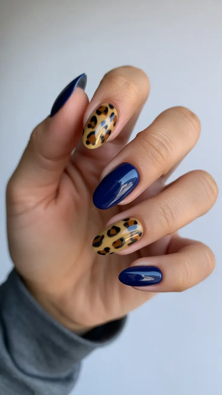 tortoise nails trend 2026 Navy Blue Confidence With Soft Tortoise Accents