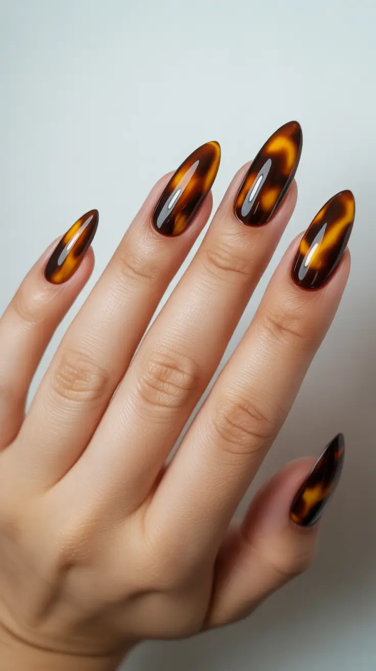 tortoise nails trend 2026 Classic Amber Tortoise With Almond Sophistication