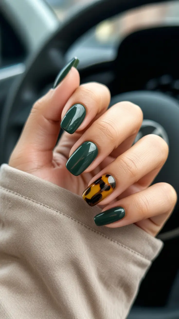 tortoise nails trend 2026 Forest Green Calm With a Single Tortoise Highlight