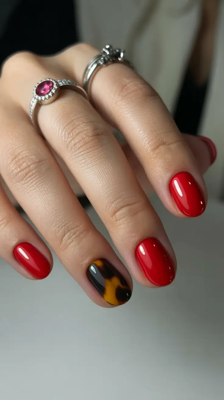 tortoise nails trend 2026 Minimal Red With a Smoky Accent