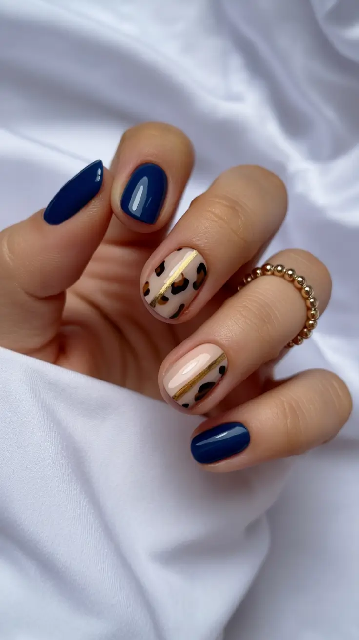 tortoise nails trend 2026 Navy Gold Stripe Meets Soft Tortoise Art