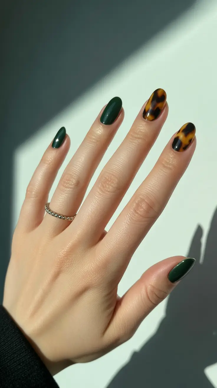 tortoise nails trend 2026 Deep Green With Tortoise Highlights