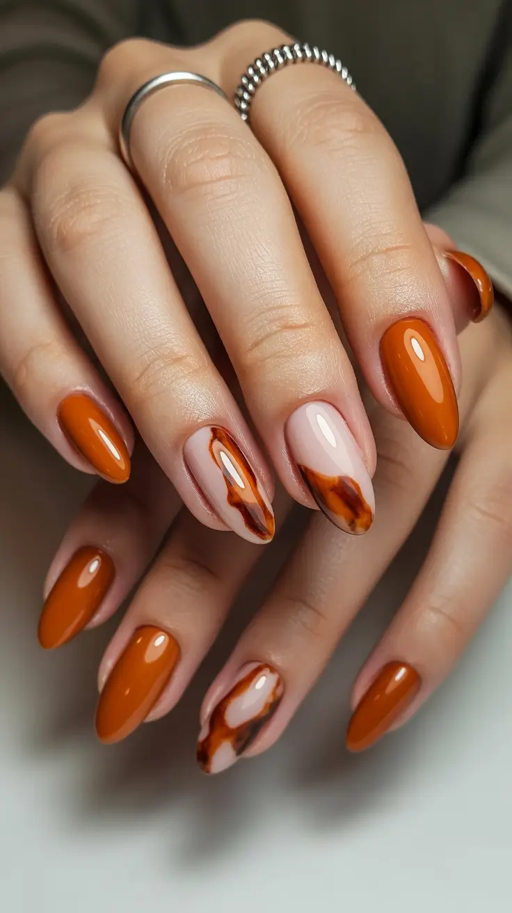 tortoise nails trend 2026 Burnt Caramel Waves on Neutral Base