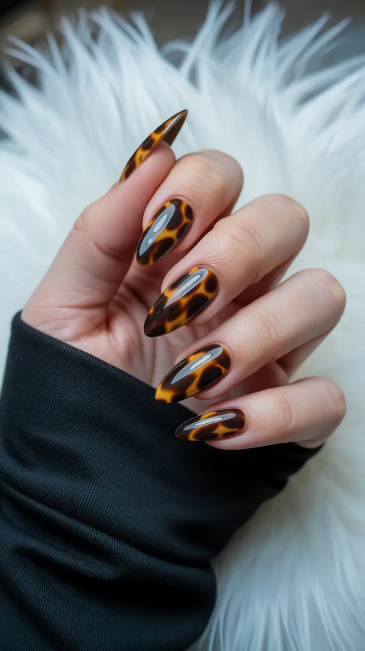 tortoise nails trend 2026 Sculpted Almond Tortoise With High-Gloss Depth