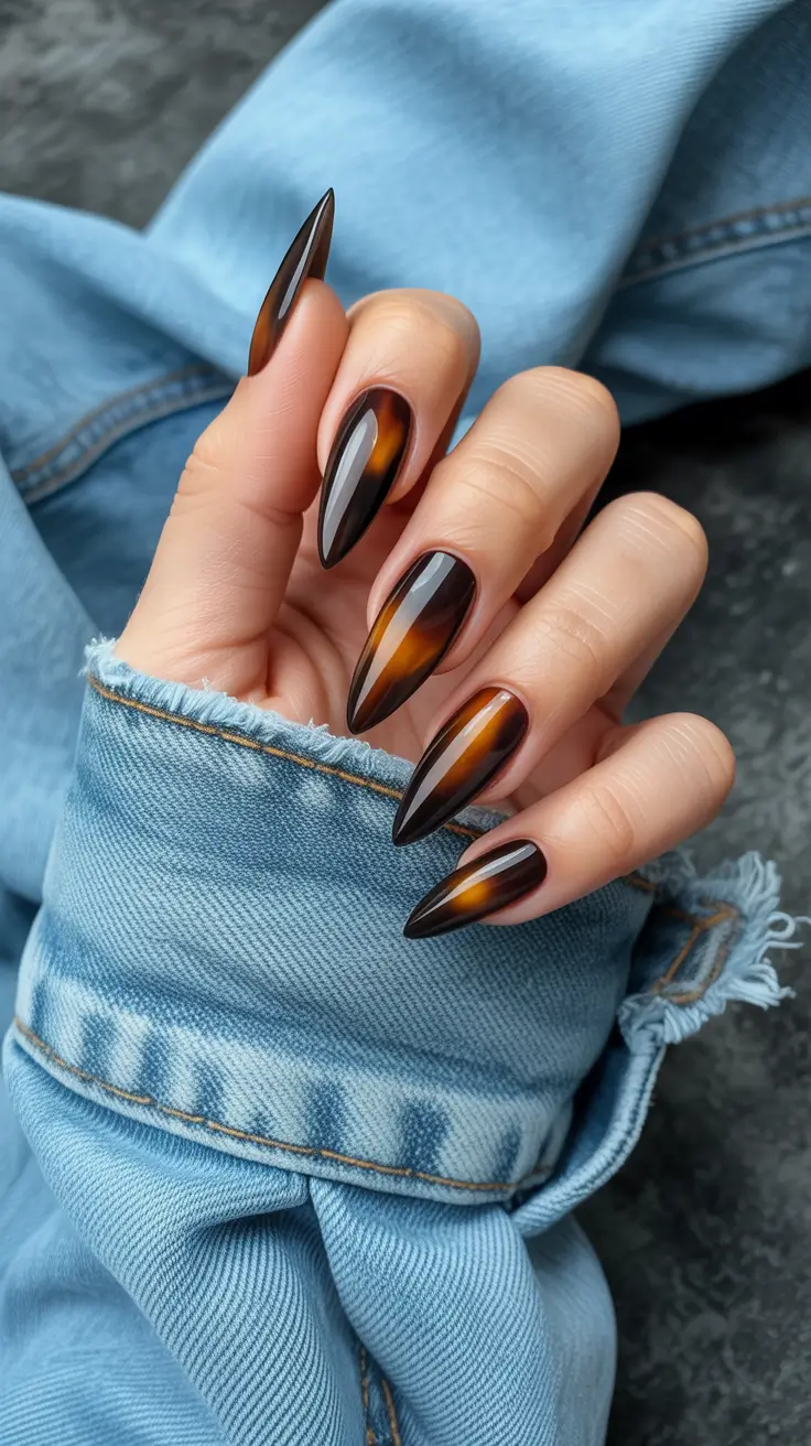 tortoise nails trend 2026 Moody Amber Tortoise Stiletto