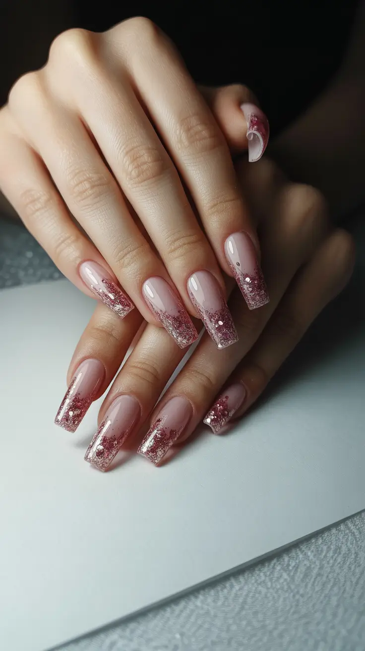 trending nail colors 2026 Rose-Quartz Sparkle Gradient