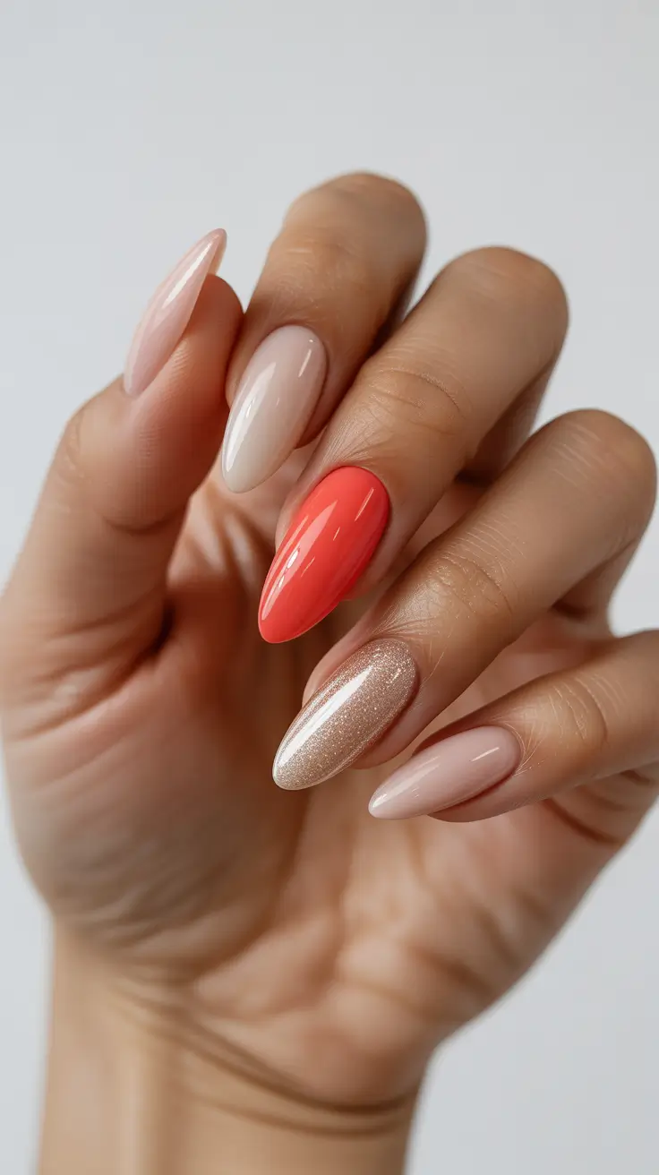 trending nail colors 2026 Mixed Nude Neutrals With a Coral Pop