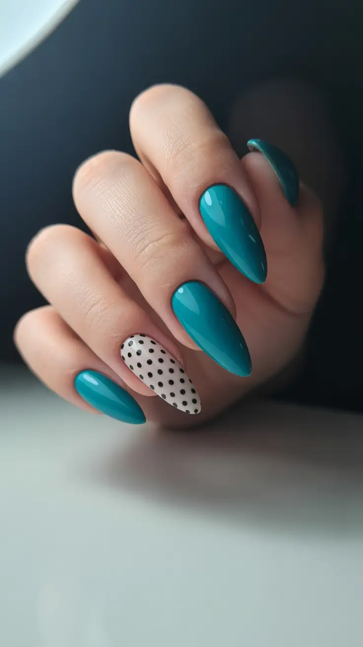 trending nail colors 2026 Teal Shine With Polka-Dot Charm