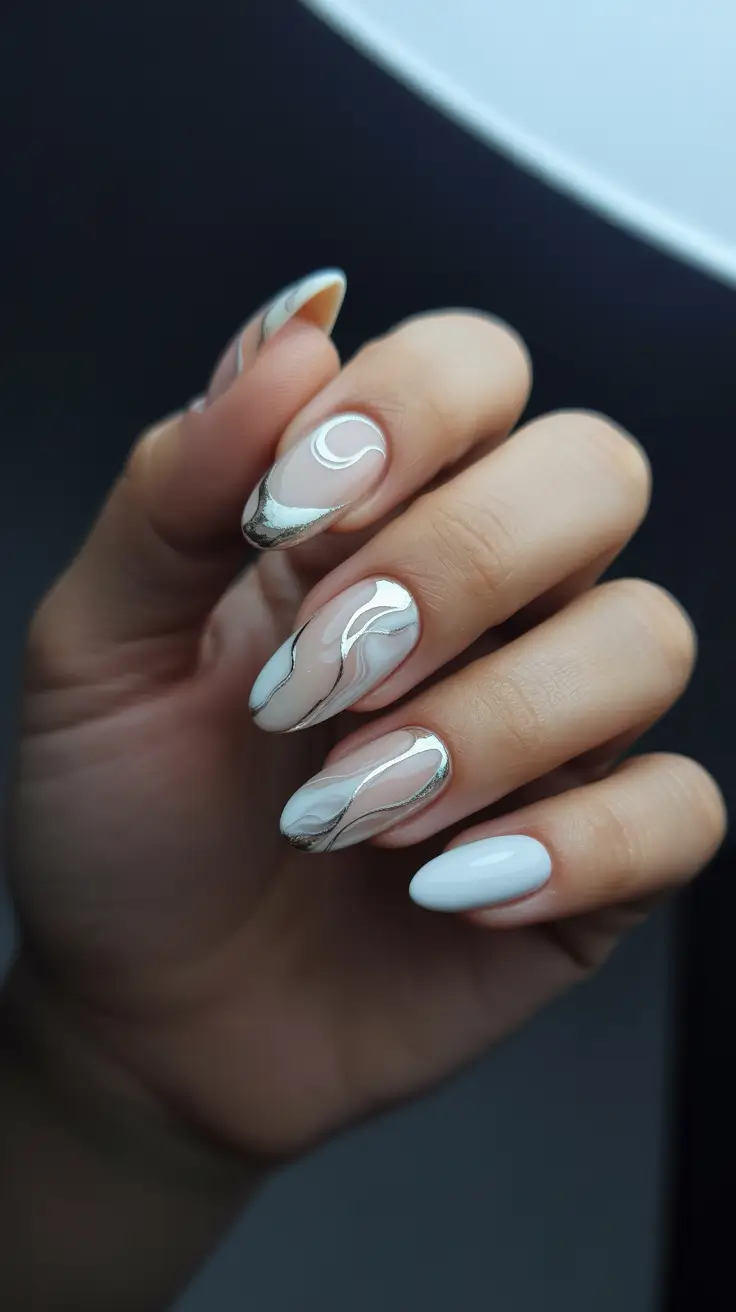 trending nail colors 2026 Metallic Swirl Elegance