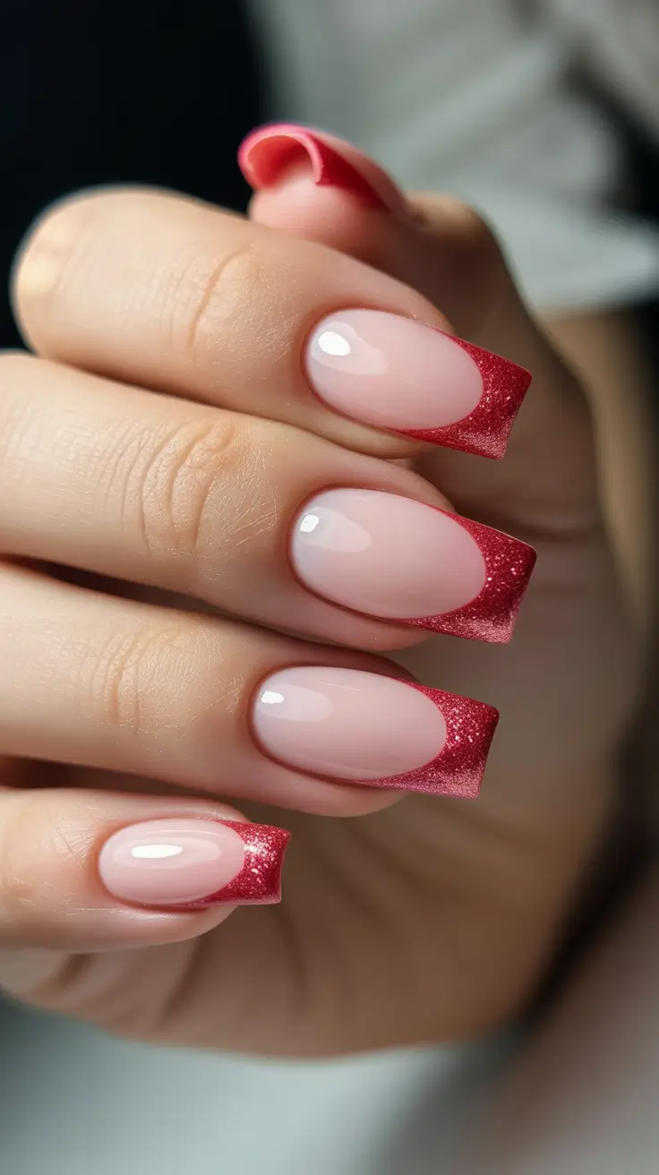 trending nail colors 2026 Rose Quartz Base With Sparkling Red Tips