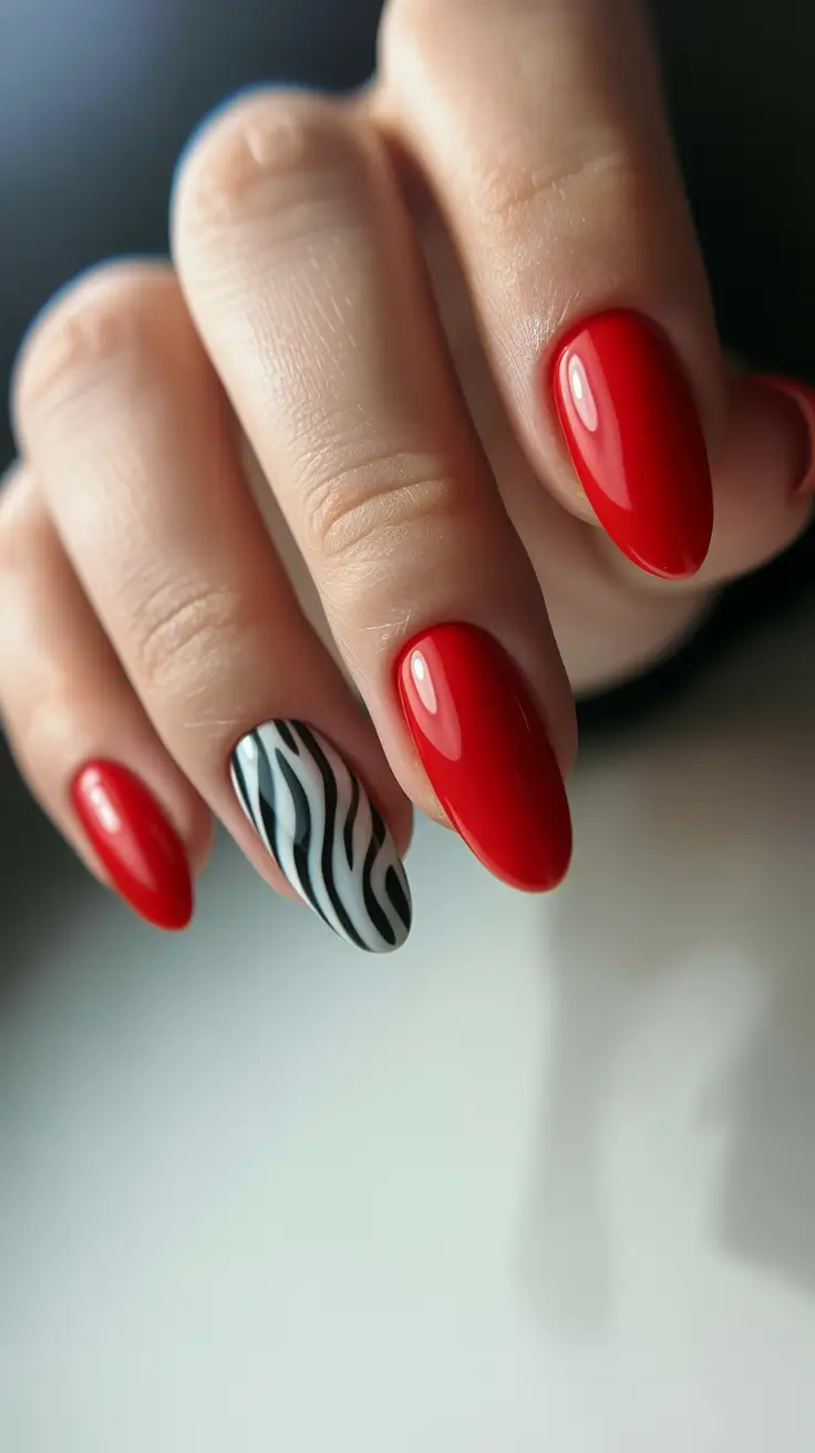 trending nail colors 2026 Classic Red With a Graphic Accent