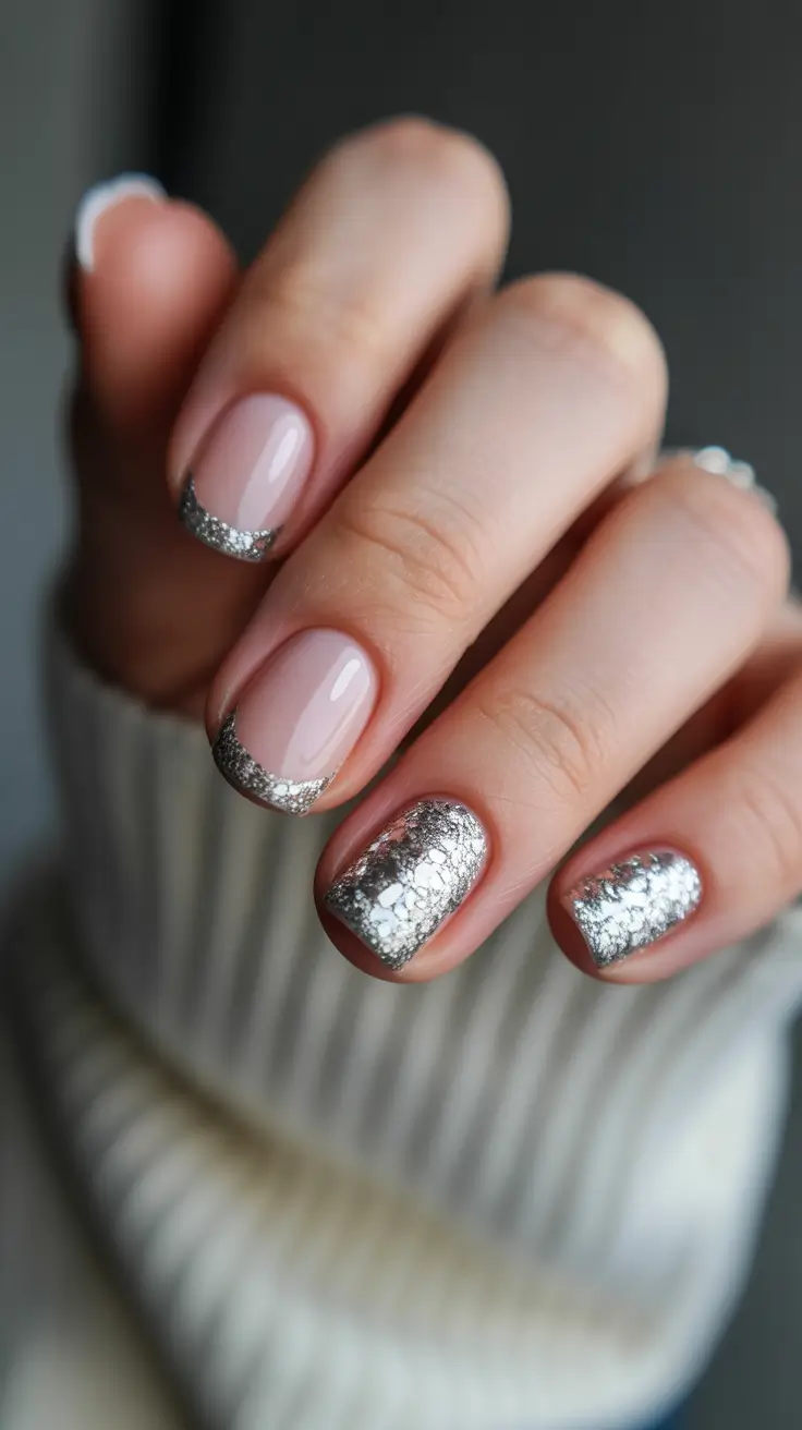 trending nail colors 2026 Silver Foil Glow With a Neutral Base