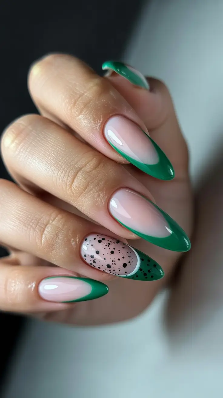 trending nail colors 2026 Forest Green French Tips With Speckled Detail