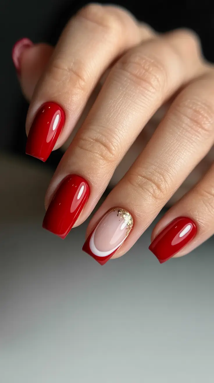 trending nail colors 2026 Classic Red With a Glam Crescent Accent