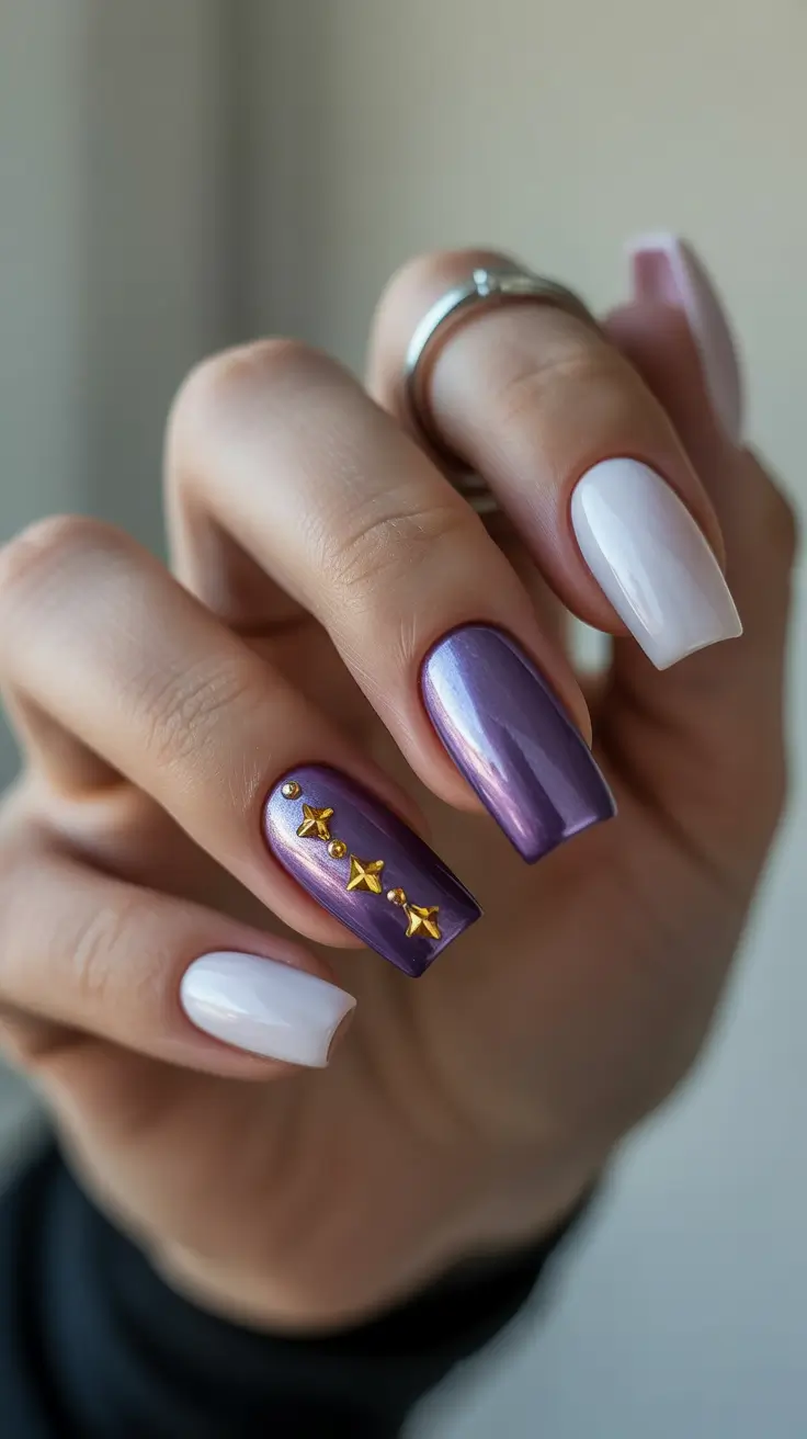 trending nail designs 2026 Pearl Purple Stardust Glam