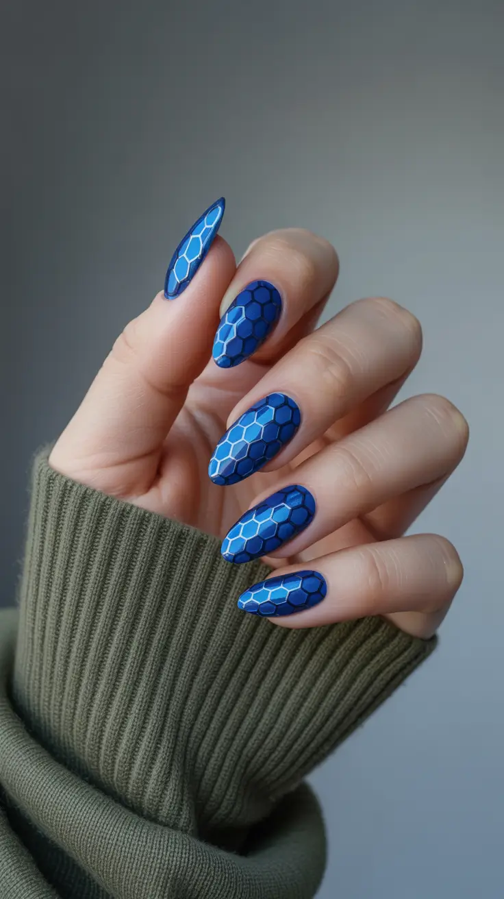 trending nail designs 2026 Hexagon Blue Matrix