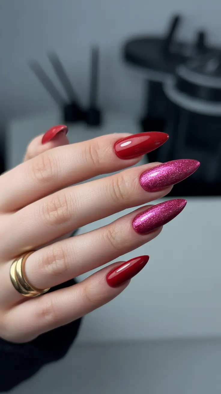 trending nail designs 2026 Red Drama With Pink Sparkle