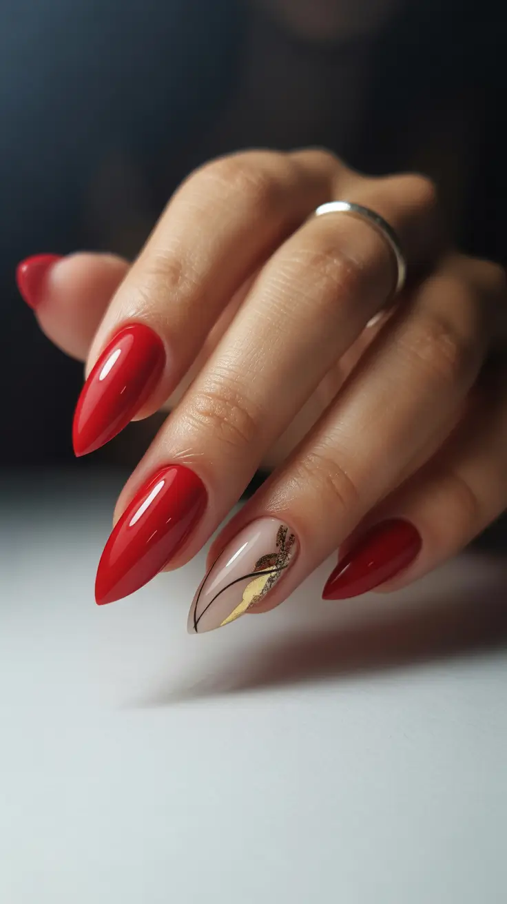 trending nail designs 2026 Red Muse With Gold Veining
