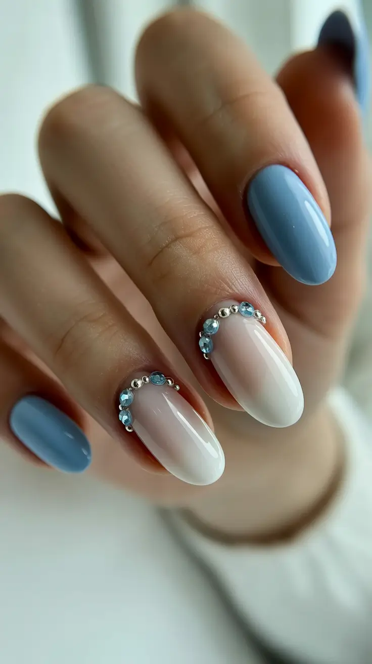trending nail designs 2026 Blue Serenity With Crystal Detail