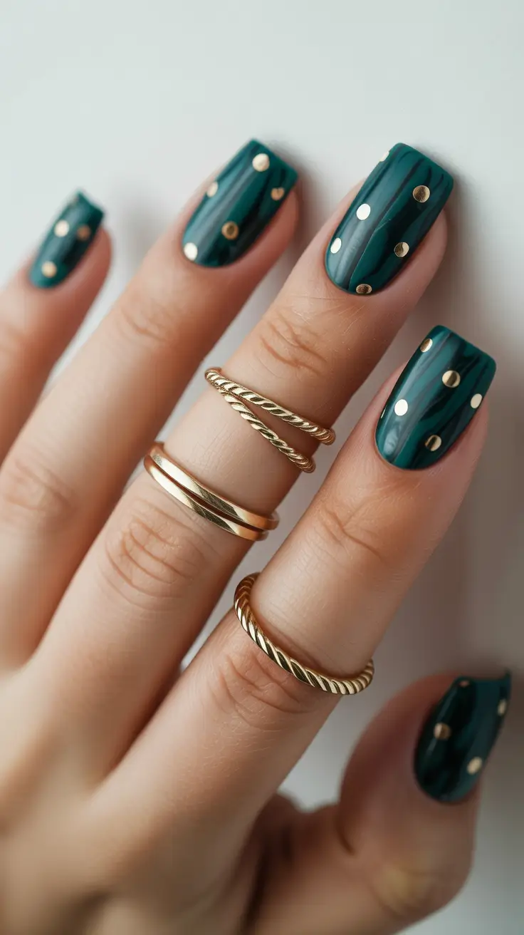 trending nail designs 2026 Emerald Dots With a Satin Finish