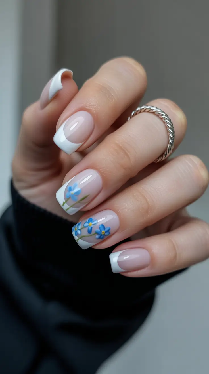 trending nail inspiration 2026 Classic French With Blue Floral Whimsy