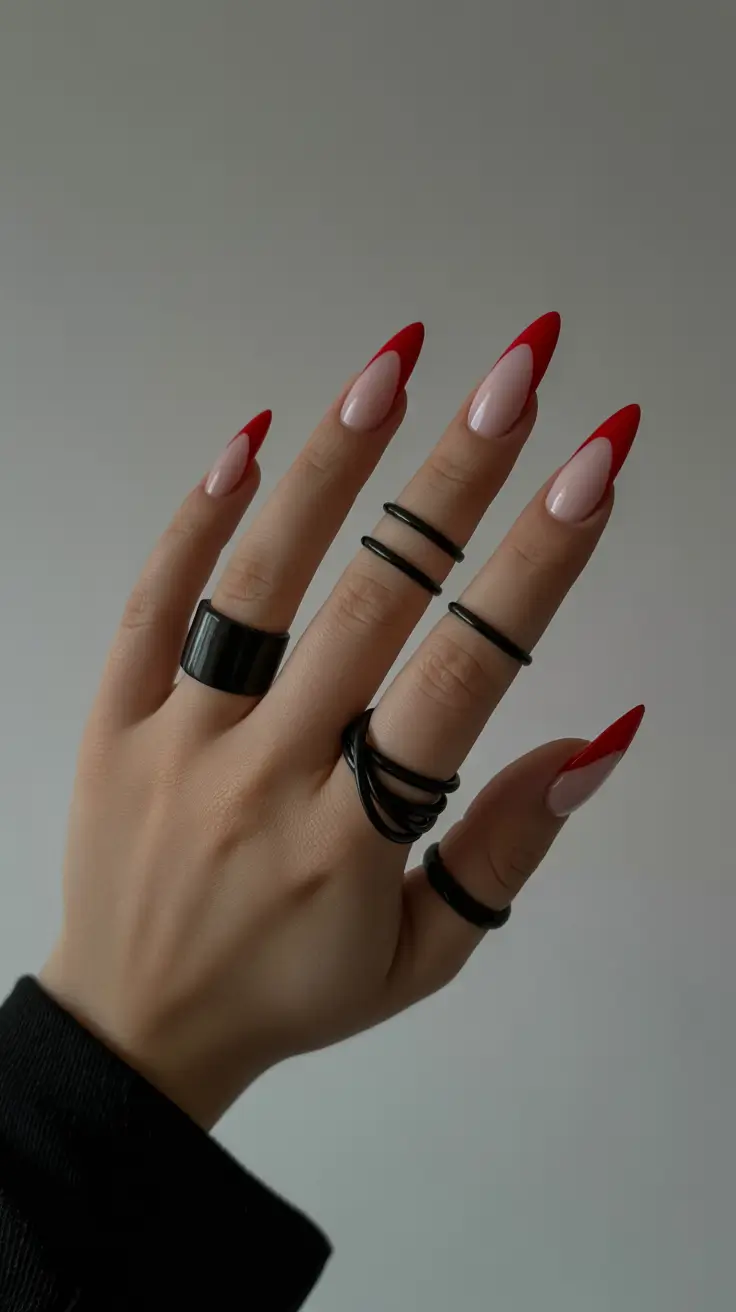 trending nail inspiration 2026 Red Flame-Tipped Almonds