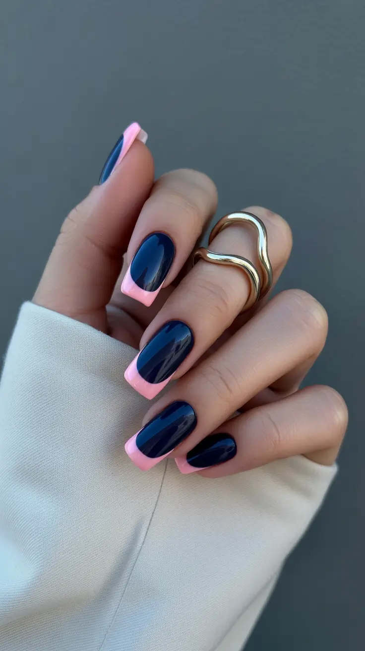 trending nail inspiration 2026 Navy Gloss With Pink-Framed Tips