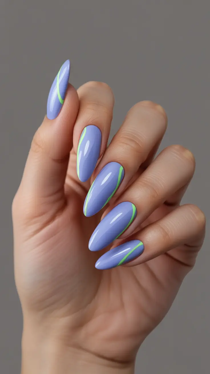 trending nail inspiration 2026 Lavender Streak Almonds With Neon Lift