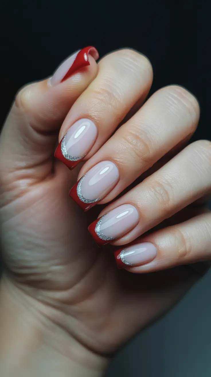 trending nail inspiration 2026 Silver-Dusted Red French Edges