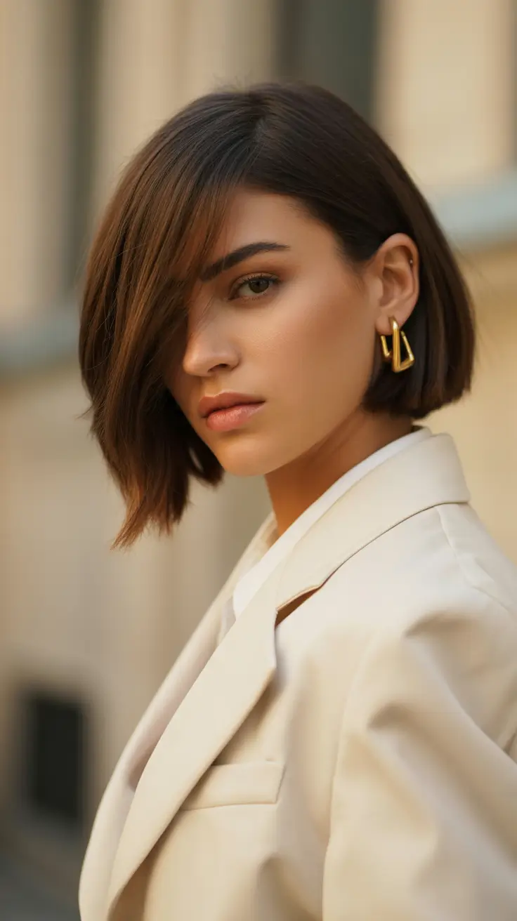 Trendy choppy bob haircuts 2026 Asymmetrical Chocolate Sleekness