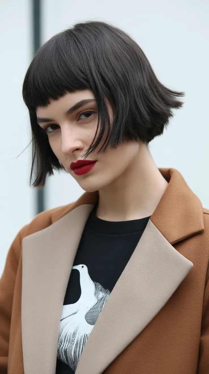 Trendy choppy bob haircuts 2026 Parisian Micro Bob with Baby Bangs