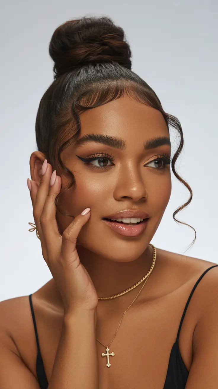 Cute hairstyle ideas High Bun With Defined Face-Framing Curls