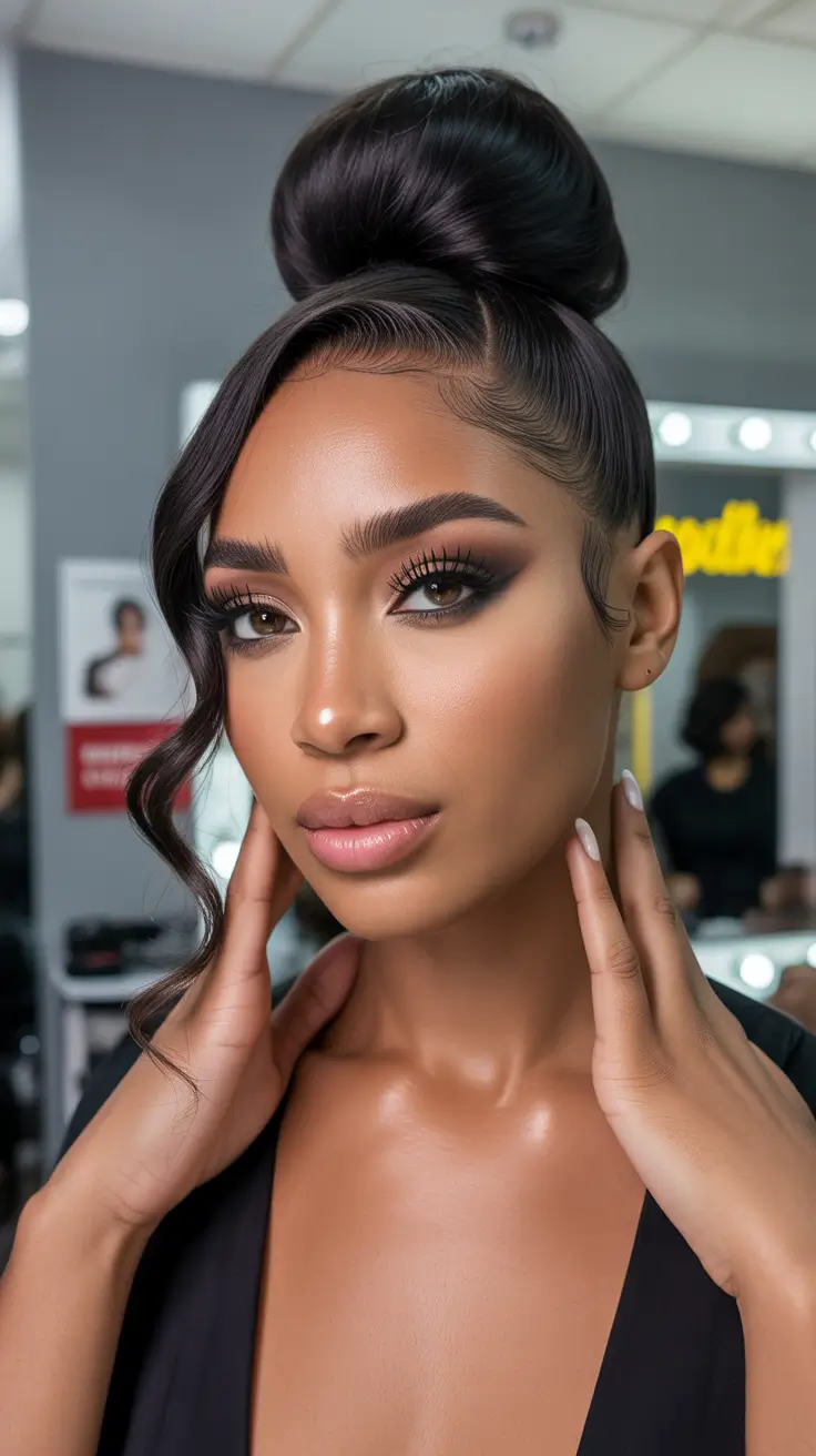 Cute hairstyle ideas Sculpted High Bun With Face-Framing Wave