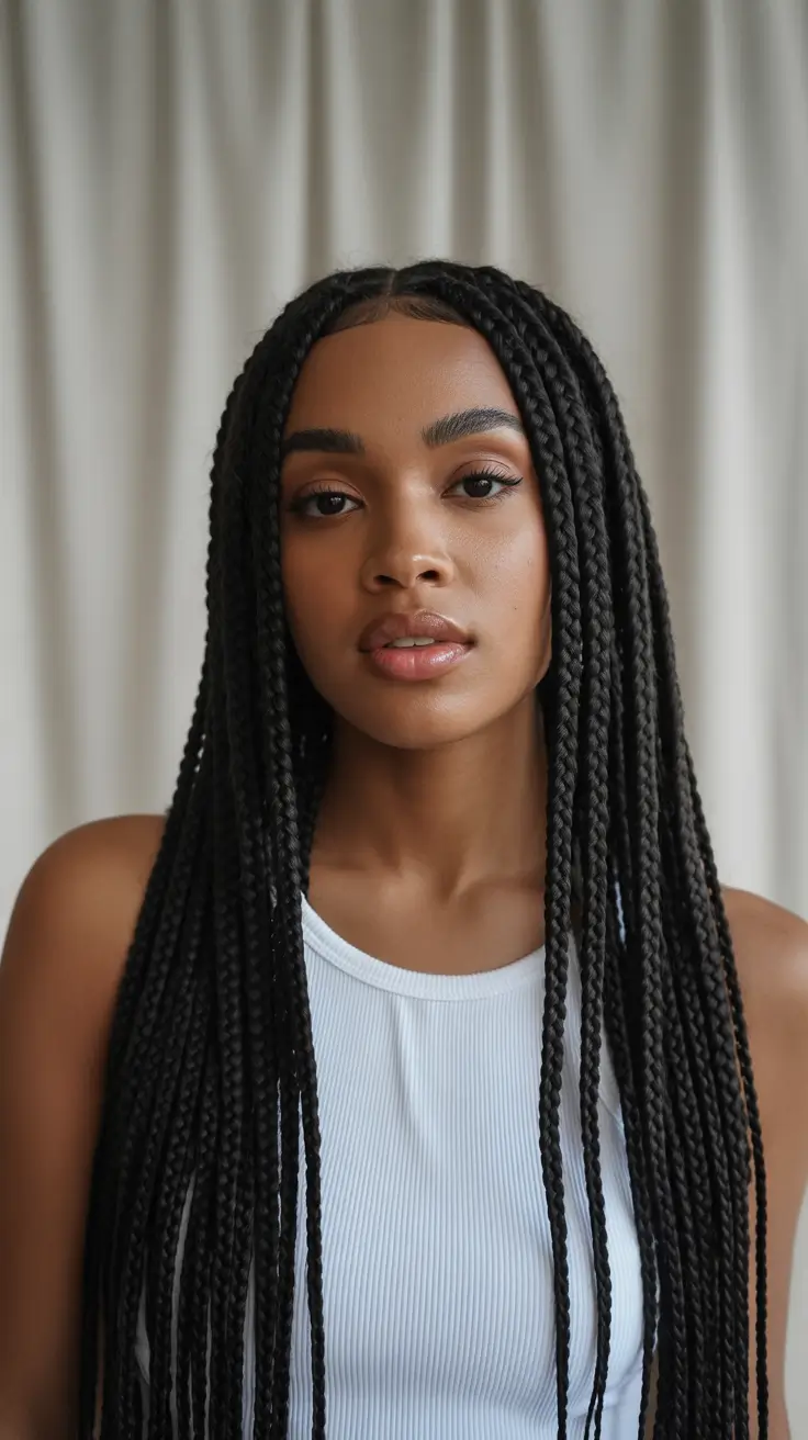 Cute hairstyle ideas Long Box Braids With Clean Middle Part
