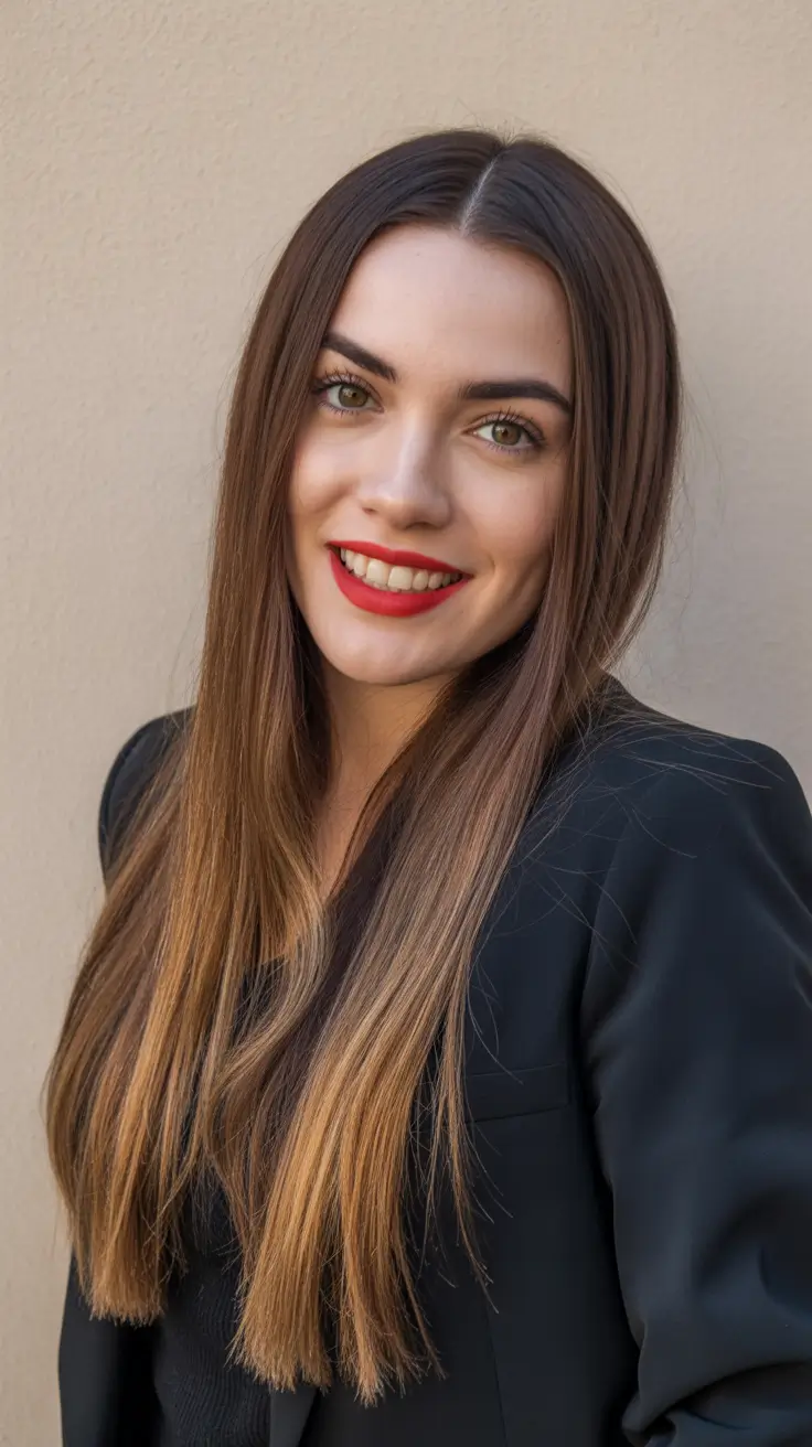 straight hairstyles 2026 Warm Caramel Straight Length with Soft Gradient Ends