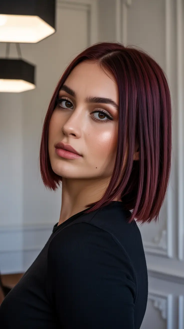 straight hairstyles 2026 Berry Toned Straight Bob with Editorial Edge