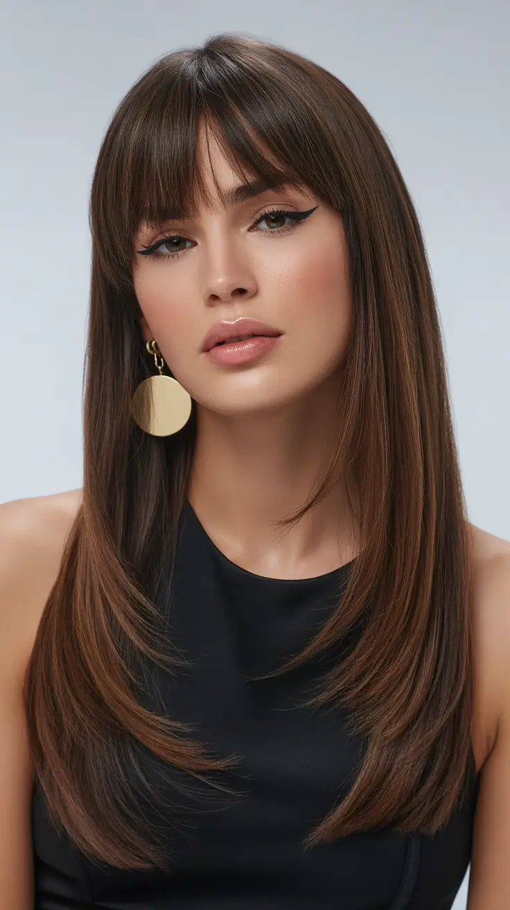 straight hairstyles 2026 Layered Straight Cut with Soft Airy Bangs